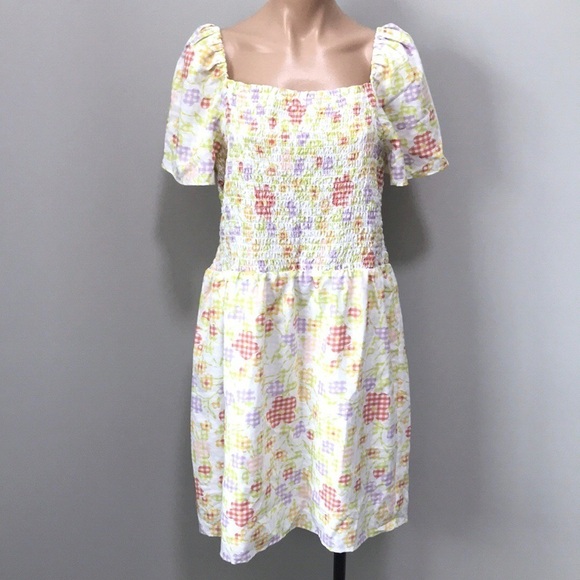 Loft Smocked Gingham Flower Dress Summer Large - Picture 1 of 8